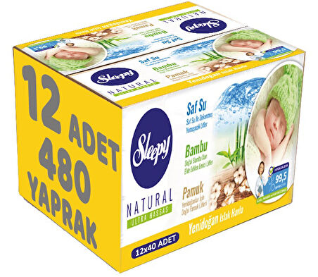 Sleepy Islak Havlu Mendil Pamuklu Yenidoğan Natural Bambu 40 Yaprak 12 Li Set (480 Yaprak)