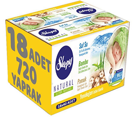 Sleepy Islak Havlu Mendil Pamuklu Yenidoğan Natural Bambu 40 Yaprak 18 Li Set (720 Yaprak)