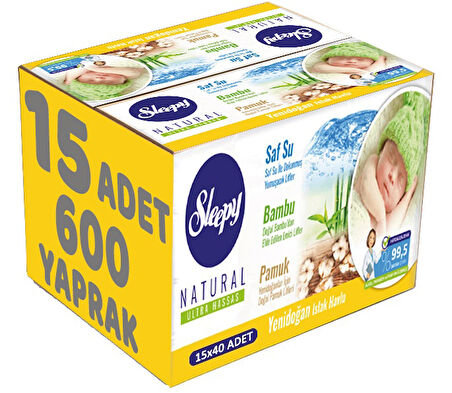 Sleepy Islak Havlu Mendil Pamuklu Yenidoğan Natural Bambu 40 Yaprak 15 Li Set (600 Yaprak)