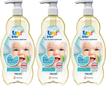 Uni Baby Bebek Saç ve Vücut Şampuanı 700ML Klasik (Pompalı) (3 Lü Set)