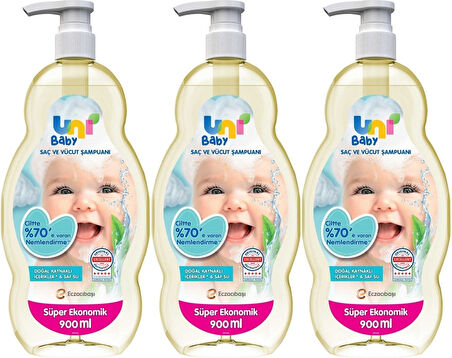 Uni Baby Bebek Saç ve Vücut Şampuanı 900ML Klasik (Pompalı) (3 Lü Set)