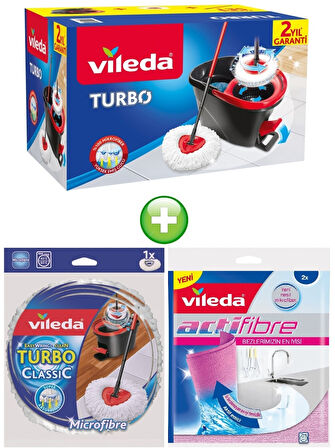 Vileda Turbo Pedallı Temizlik Seti (Komple Set)+Turbo Yedek Mop Paspas Ucu+Actifibre Mikrofiber Bez
