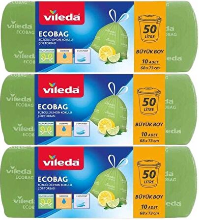 Vileda Ecobag Büzgülü Çöp Torbası Limon Kokulu 68X73CM Büyük Boy 30 Lu Set (3PK*10)