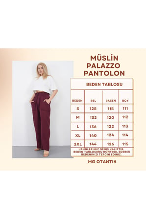 Müslin Palazzo Pantolon Kadın Yazlık Bol Paça Salaş Rahat Lastikli Bel Cepli Günlük Şık Pantolon