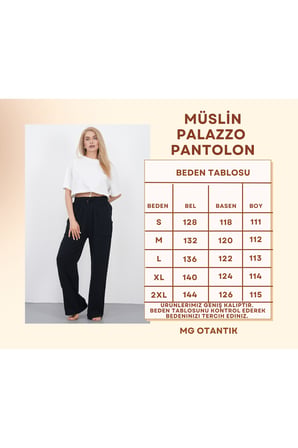 Müslin Palazzo Pantolon Kadın Yazlık Bol Paça Salaş Rahat Lastikli Bel Cepli Günlük Şık Pantolon