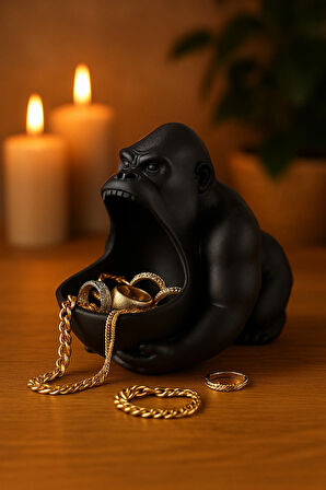 3D Reçine Goril Figürlü Takı Organizer, Yüzük, Bileklik ve Kolye Sunumluk 16 x 14 cm