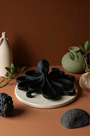 Siyah Ahtapot Figürlü Sunumluk Banyo Sabunluk, Kahvaltı Tabağı, Takı Organizeri, Mumluk 14 x 14 cm