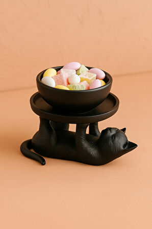 Siyah Kedi Figürlü Sunumluk Banyo Sabunluk, Kahvaltı Tabağı, Takı Organizeri, Mumluk 14 x 14 cm