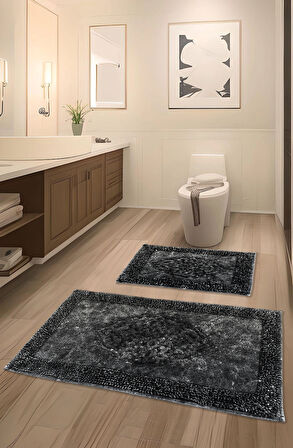 PamukKent Kaymaz Taban, Süper Emici 2'li Pamuk Ultra Lüks Banyo Paspası Seti Antrasit