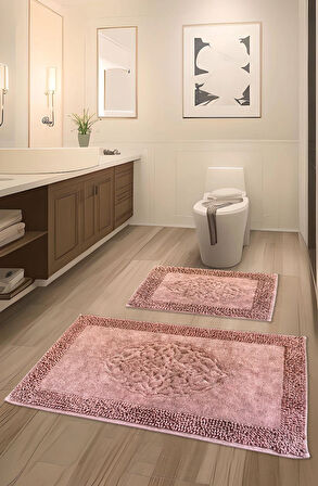 PamukKent Kaymaz Taban, Süper Emici 2'li Pamuk Ultra Lüks Banyo Paspası Seti Pembe