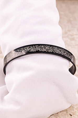 Siyah Ayetel Kürsi Nalı Şerif Yazılı Çelik Bileklik Ayarlanabilir Paslanmaz Kararmaz Dualı Unisex