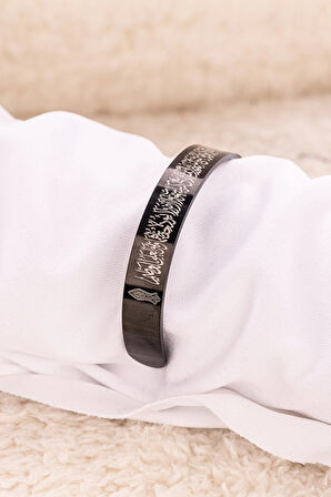 Siyah Ayetel Kürsi Nalı Şerif Yazılı Çelik Bileklik Ayarlanabilir Paslanmaz Kararmaz Dualı Unisex