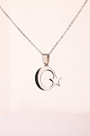 Gümüş Renk Ay Yıldız Çelik Kolye Kararmaz Paslanmaz Çelik Anlamlı ve Şık (Unisex)