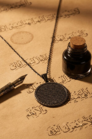 Siyah Vakıa Suresi Yazılı Çelik Kolye Kararmaz Paslanmaz Zincirli Unisex Kolye