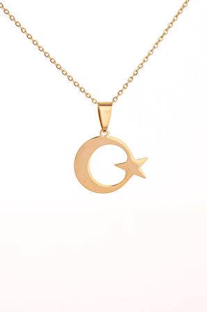 Altın Renk Ay Yıldız Çelik Kolye Kararmaz Paslanmaz Çelik Anlamlı ve Şık (Unisex)