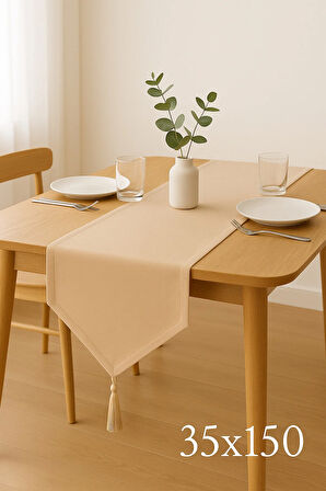 Lüks Keten Krem Runner Masa Örtüsü Rustik Şık Püsküllü Dekoratif Masa Örtüsü 35x150 cm