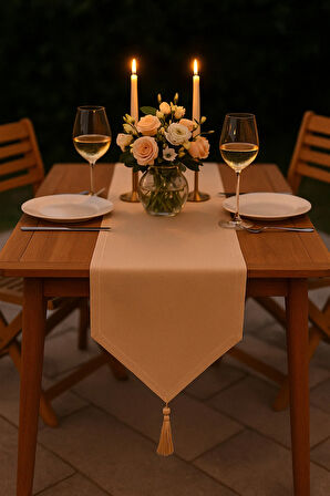 Lüks Keten Krem Runner Masa Örtüsü Rustik Şık Püsküllü Dekoratif Masa Örtüsü 35x150 cm