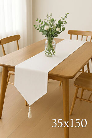 Lüks Keten Beyaz Runner Masa Örtüsü Rustik Şık Püsküllü Dekoratif Masa Örtüsü 35x150 cm