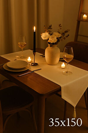 Lüks Keten Beyaz Runner Masa Örtüsü Rustik Şık Püsküllü Dekoratif Masa Örtüsü 35x150 cm