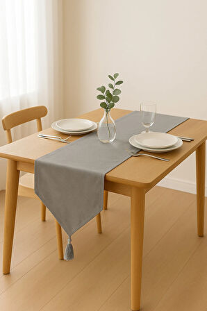 Lüks Keten Gri Runner Masa Örtüsü Rustik Şık Püsküllü Dekoratif Masa Örtüsü 35x150 cm