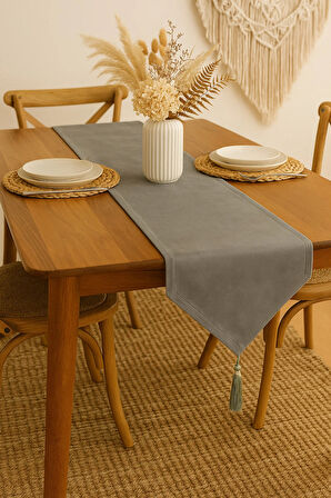 Lüks Keten Gri Runner Masa Örtüsü Rustik Şık Püsküllü Dekoratif Masa Örtüsü 35x150 cm