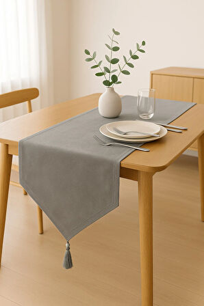 Lüks Keten Gri Runner Masa Örtüsü Rustik Şık Püsküllü Dekoratif Masa Örtüsü 35x150 cm