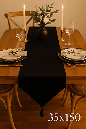 Lüks Keten Siyah Runner Masa Örtüsü Rustik Şık Püsküllü Dekoratif Masa Örtüsü 35x150 cm