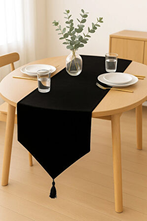 Lüks Keten Siyah Runner Masa Örtüsü Rustik Şık Püsküllü Dekoratif Masa Örtüsü 35x150 cm