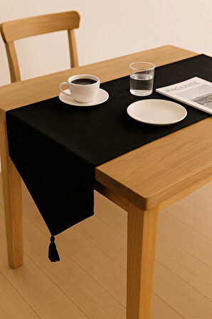 Lüks Keten Siyah Runner Masa Örtüsü Rustik Şık Püsküllü Dekoratif Masa Örtüsü 35x150 cm