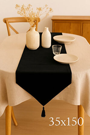 Lüks Keten Siyah Runner Masa Örtüsü Rustik Şık Püsküllü Dekoratif Masa Örtüsü 35x150 cm