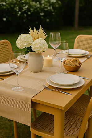 Jasmin Keten Kahvrengi Bohem Şık Masa Örtüsü  Runner 35x150 cm