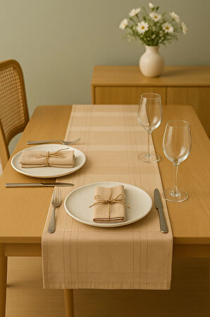 Jasmin Keten Kahvrengi Bohem Şık Masa Örtüsü  Runner 35x150 cm