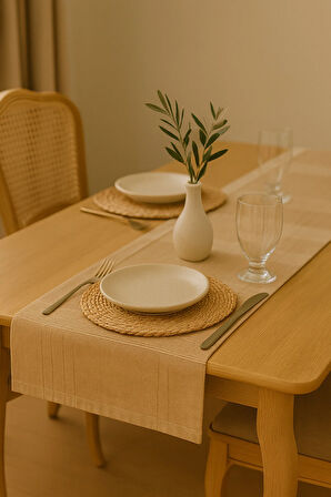 Jasmin Keten Kahvrengi Bohem Şık Masa Örtüsü  Runner 35x150 cm