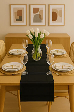 Jasmin Keten Siyah Bohem Şık Masa Örtüsü  Runner 35x150 cm