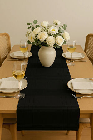 Jasmin Keten Siyah Bohem Şık Masa Örtüsü  Runner 35x150 cm