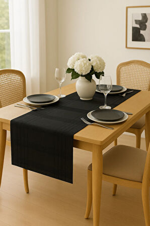 Jasmin Keten Siyah Bohem Şık Masa Örtüsü  Runner 35x150 cm