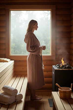 Müslin Unisex Bornoz Kapüşonlu Püsküllü Yumuşak Dokulu Banyo Ve Plaj Bornozu