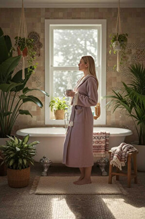 Müslin Unisex Bornoz Kapüşonlu Püsküllü Yumuşak Dokulu Banyo Ve Plaj Bornozu