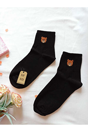 2 ÇİFT PAMUKLU KOKULU TEDDY KADIN ÇORAP YUMUŞAK DİKİŞSİZ AYICIK DESEN EKRU VE SİYAH ARA KONÇ 36 40