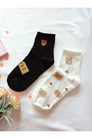 2 ÇİFT PAMUKLU KOKULU TEDDY KADIN ÇORAP YUMUŞAK DİKİŞSİZ AYICIK DESEN EKRU VE SİYAH ARA KONÇ 36 40