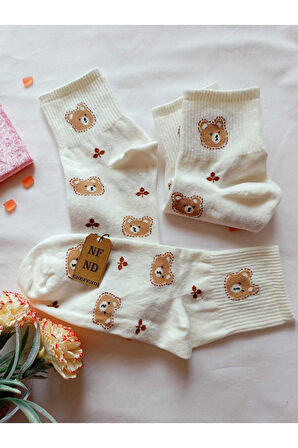 2 ÇİFT PAMUKLU KOKULU TEDDY KADIN ÇORAP YUMUŞAK DİKİŞSİZ AYICIK DESEN EKRU VE SİYAH ARA KONÇ 36 40
