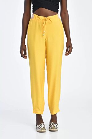 Bağcıklı Belden ve Bilekten Lastikli Sarı Kadın Pantolon