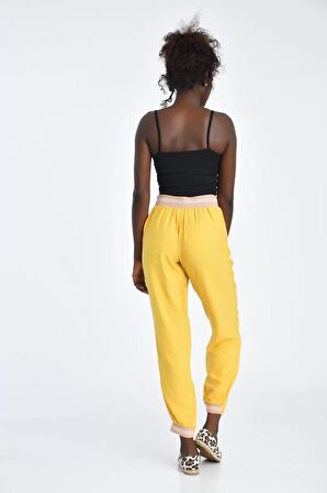 Bağcıklı Belden ve Bilekten Lastikli Sarı Kadın Pantolon