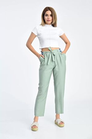 Bağcıklı Belden Lastikli Mint Yeşil Kadın Pantolon