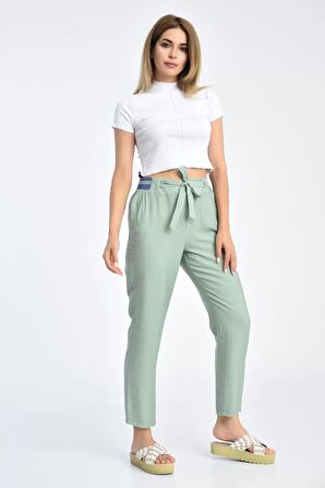 Bağcıklı Belden Lastikli Mint Yeşil Kadın Pantolon