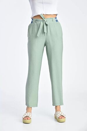 Bağcıklı Belden Lastikli Mint Yeşil Kadın Pantolon