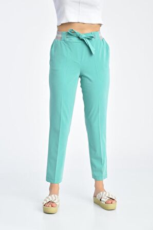 Bağcıklı Belden Lastikli Turkuaz Kadın Pantolon