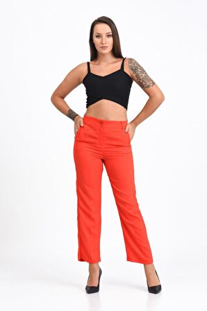 Kemerli ve Cepli Fuşya Boru Paça Viskon Kadın Pantolon
