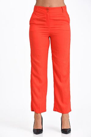 Kemerli ve Cepli Fuşya Boru Paça Viskon Kadın Pantolon