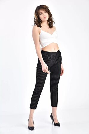 Belden Lastikli Bilek Çizgili Siyah Kadın Pantolon